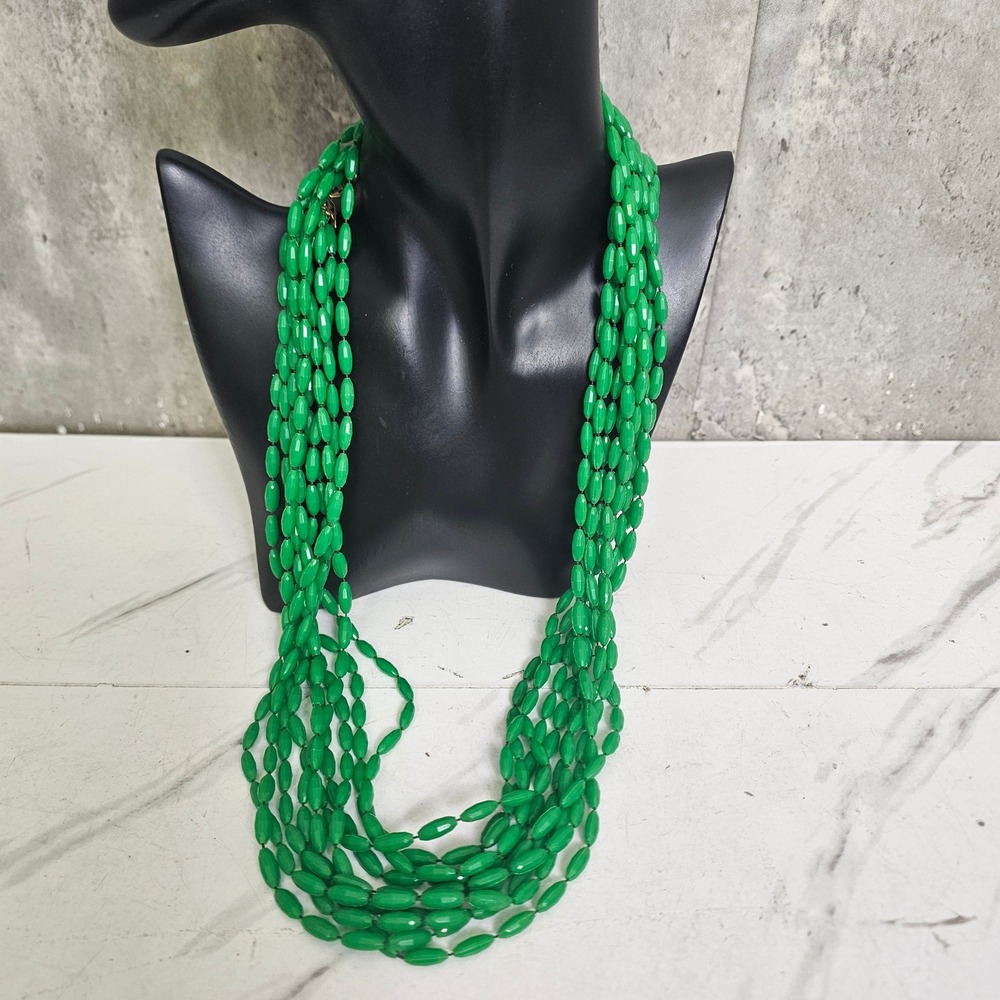 Vintage Green Multi Strand Faceted Rice Bead Statement Necklace Gold Tone Clasp